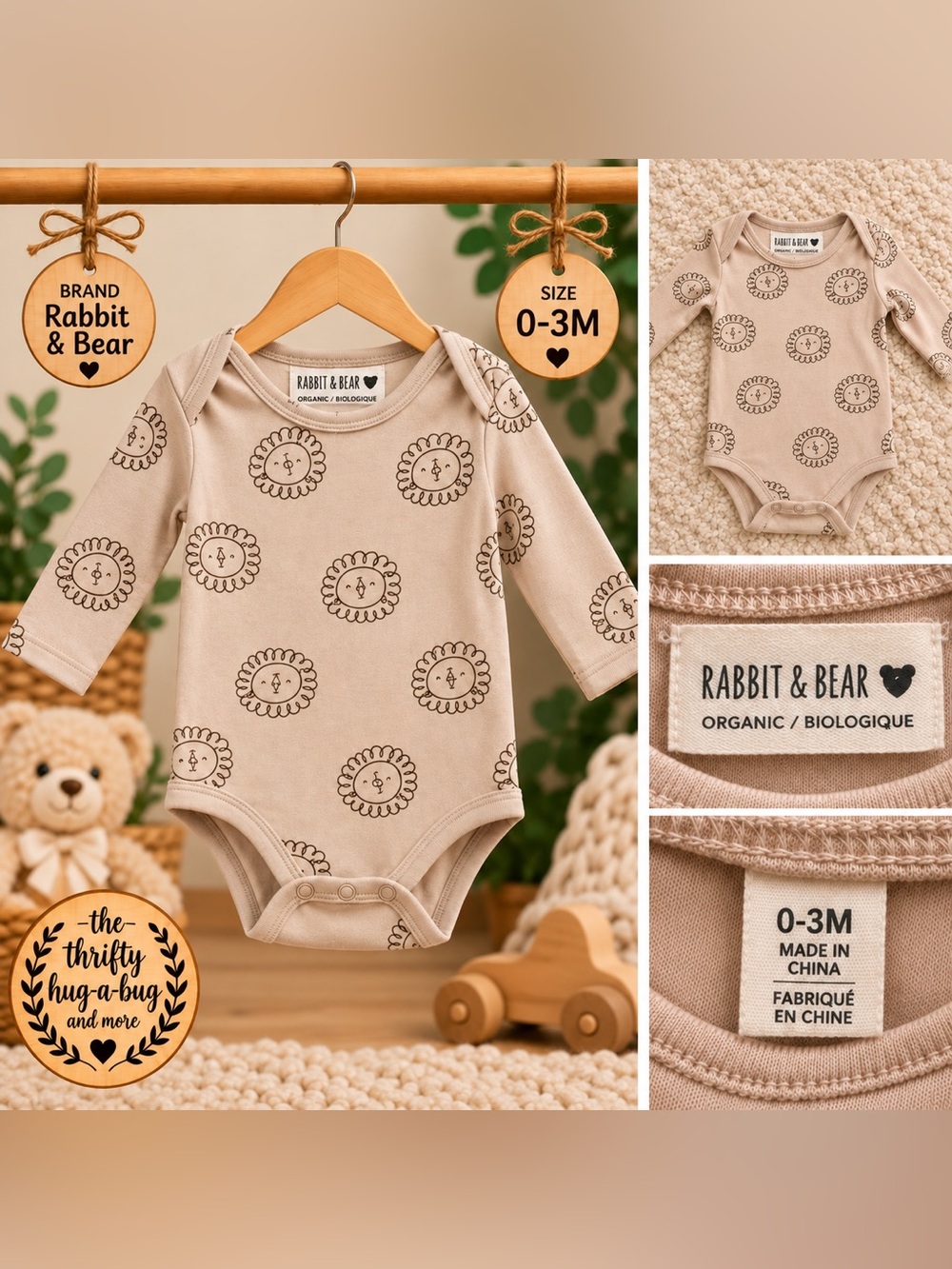 Rabbit & Bear Organic Baby Lion Bodysuit 0-3M Neutral Long Sleeve